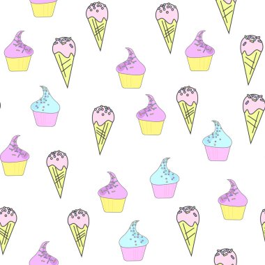 Dondurma, donut ve kek ile İllüstrasyon. Tatlı tatlı. Beyaz arka planda düz tarzda desen