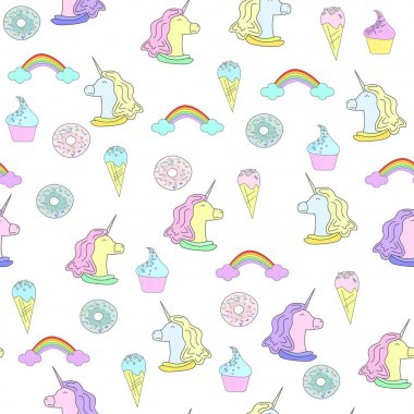 Tek boynuzlu at, çörek ve kek ile İllüstrasyon. Dondurma ve gökkuşağı. Beyaz arka planda düz tarzda desen