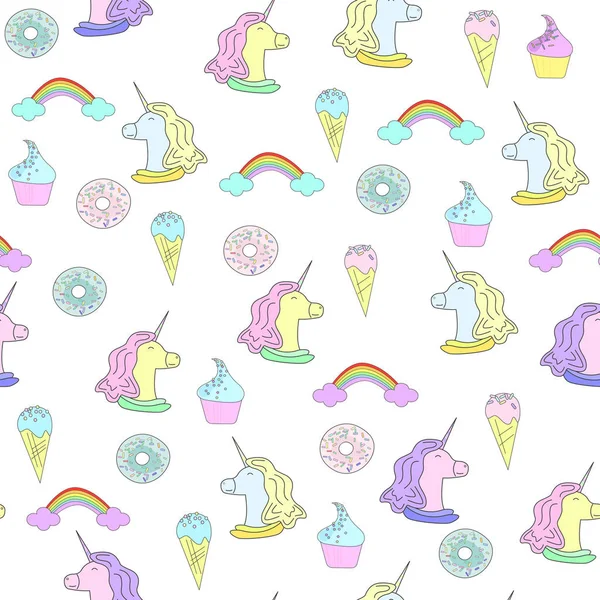 Illustrazione con unicorno, ciambelle e torte. Gelato e arcobaleno. Modello in stile piatto su sfondo bianco — Vettoriale Stock