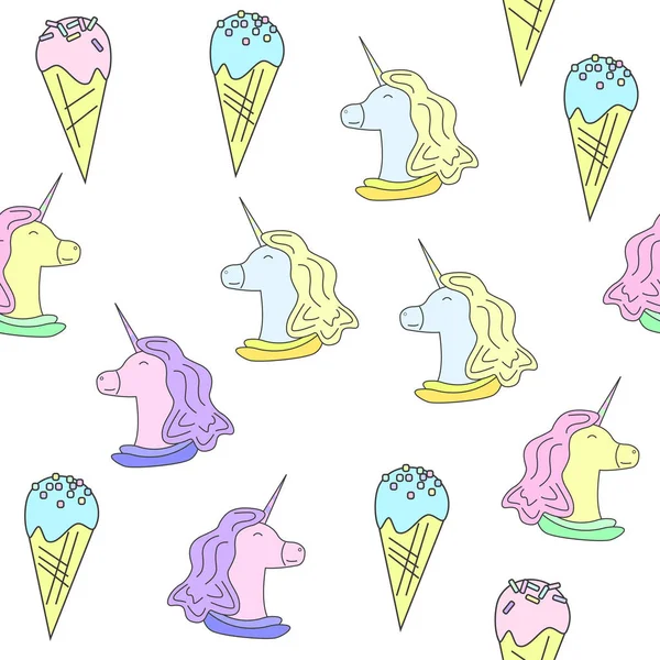 Pattern with unicorn and ice-cream. Magic horse on the white background — Stock Vector