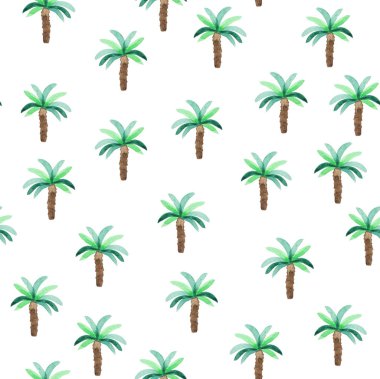 Palmiye ağaçları ile suluboya deseni. Plaj tarzı el çizilmiş desen.