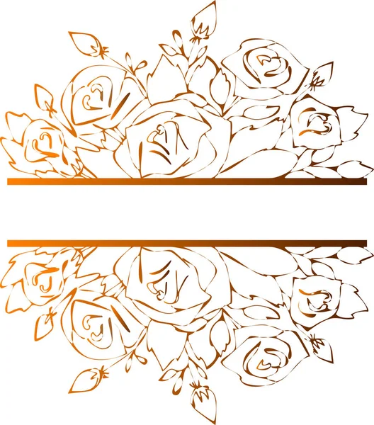 Marco de rosas doradas, dibujo de flores y boceto con arte de línea sobre fondos blancos . — Vector de stock
