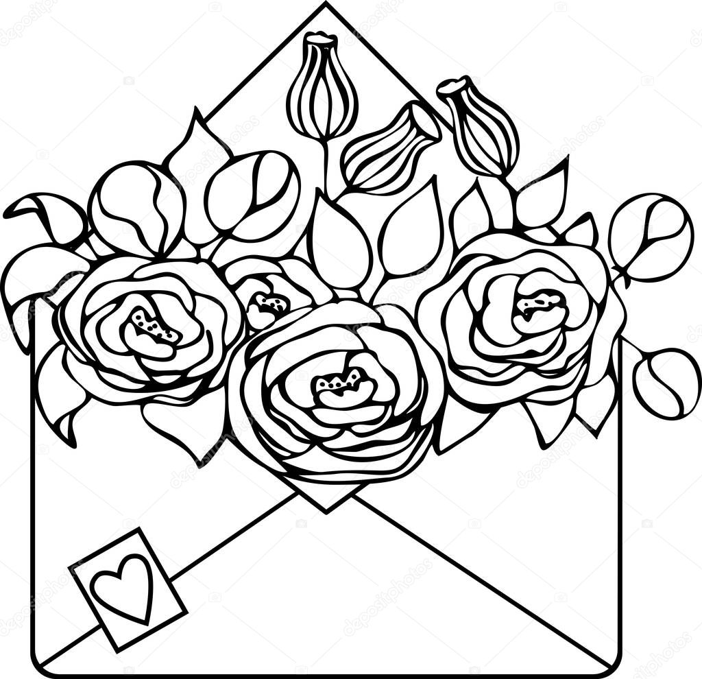 Isolated hand-drawn kraft envelope with flowers, silhouette