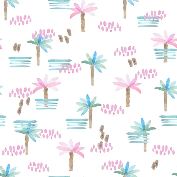 Palmiye ağaçları ile suluboya deseni. Plaj tarzı el çizilmiş desen. — Stok fotoğraf