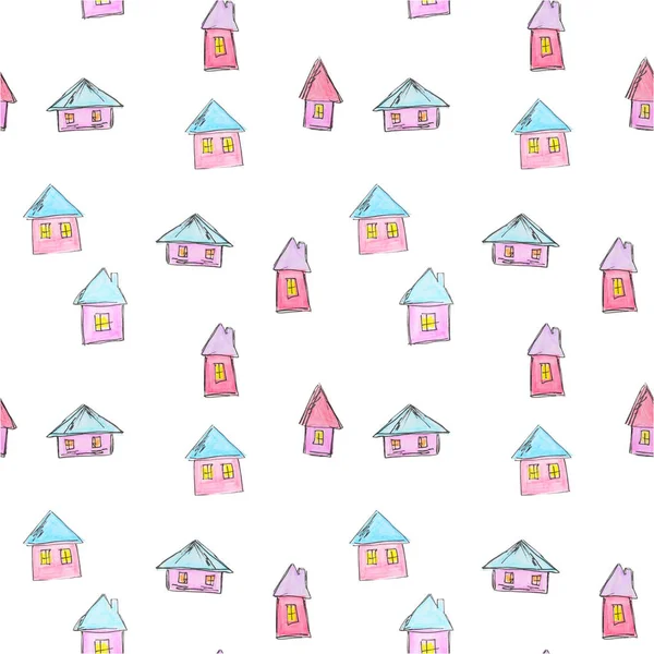 Patrón de casas luminosas para un diseño infantil, acuarela, estilo boceto —  Fotos de Stock
