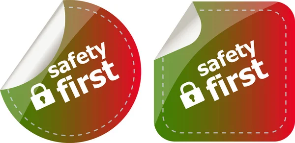 Bezpieczna Etykieta Znaku Blokady Izolowana Białym Najpierw Bezpieczeństwo — Zdjęcie stockowe