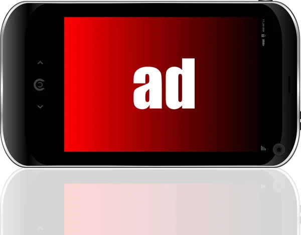 Tekst Advertentie Management Concept Gedetailleerde Moderne Smartphone — Stockfoto