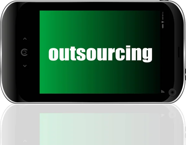 Textový Outsourcing Obchodní Koncept Detailní Moderní Smartphone — Stock fotografie