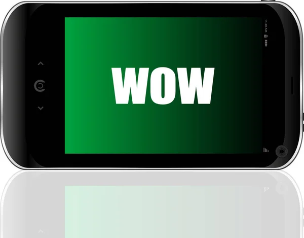 Wow Text Globální Komunikační Koncept Detailní Moderní Smartphone — Stock fotografie