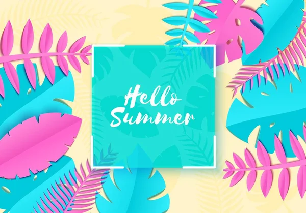 Summer Tropical palm leaves, plants in trandy paper cut style. White square frame on exotic blue pink leaves on yellow sunny background Hawaiian summer. Square glass lable. Vector card illustration — Stock Vector