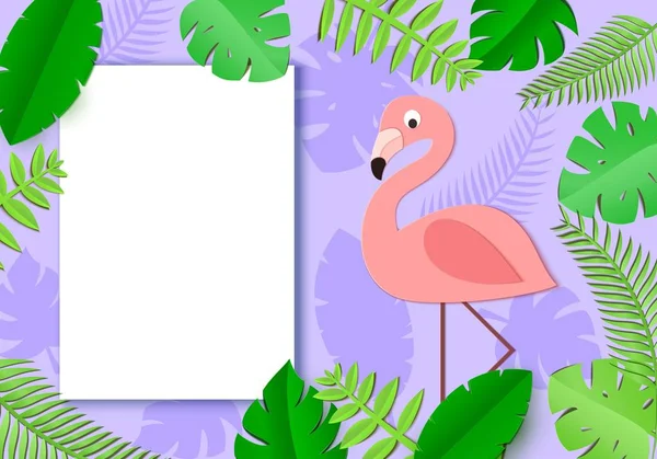 Fondo de papel tropical con hojas, pájaro exótico y hoja blanca. Flamingo mira por encima de los matorrales de la selva. Placa de la página con lugar para el texto. Ilustración vectorial en estilo de arte en papel . — Vector de stock