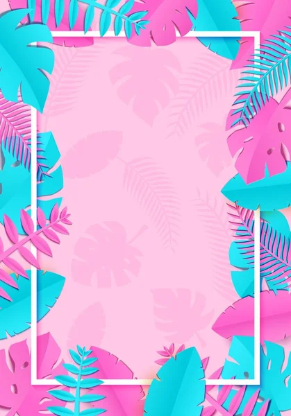 Verano Hojas de palma tropicales, plantas en estilo de corte de papel trandy. Marco rectangular vertical blanco sobre hojas exóticas de color rosa azulado sobre fondo rosa hora de verano hawaiana. Ilustración de tarjeta vectorial . — Vector de stock