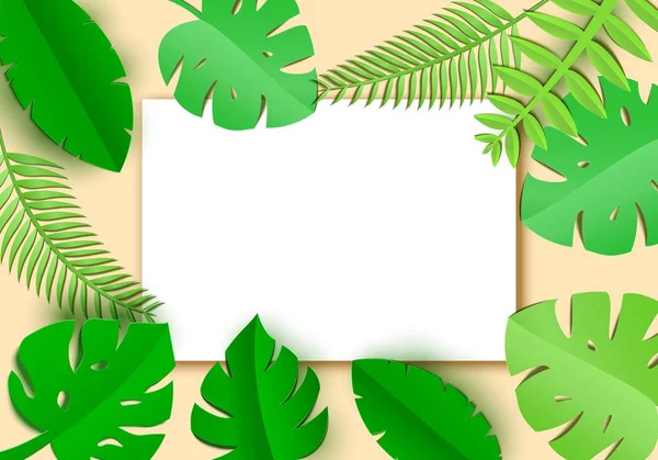 Selva folhas em estilo de papel de arte com folha branca com lugar para promotoin texto. Modelo de cartão de salão Spa. Floresta tropical exótica floresta tropical brilhante verde palma monstera folhas borda quadro . — Vetor de Stock