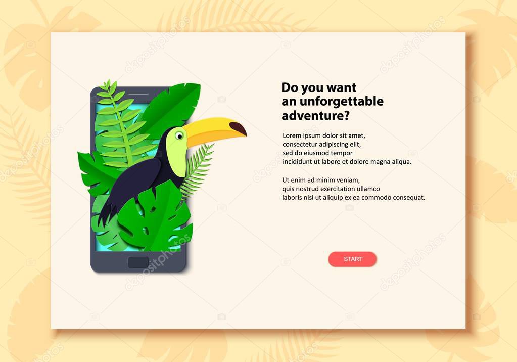 Tropical paradise paper background with leaves and exotic bird in mobile phone. Toucan look out over the thickets of the jungle from screen. Vector card illustration in paper art style. Page template