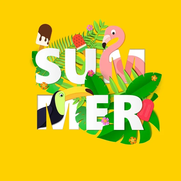 Word zomer samenstelling met bloemen jungle laat toucan flamingo en ijs in trendy papier knippen stijl. Tropische ambachtelijke ontwerp voor uw poster, spandoek, flyer. Vectorillustratie kaart. — Stockvector