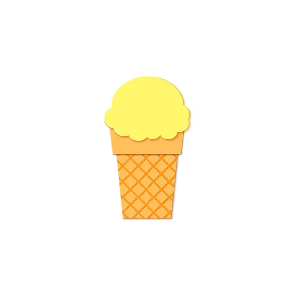 Helado amarillo en taza de gofres en estilo de corte de papel trandy. Artesanía sabrosa brillante helado de verano sobre fondo blanco para el diseño del paquete ilustración de la tarjeta vectorial en estilo de arte de percusión — Vector de stock