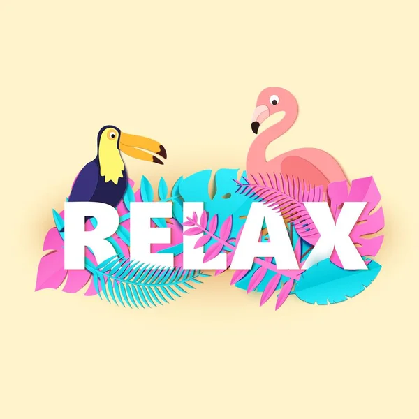 Word Relax-Komposition mit kreativen rosa und blauen Dschungelblättern Tukan-Flamingo im trendigen Papierschnitt-Stil. Tropisches Handwerk Design für Ihr Poster, Banner, Flyer. Vektorkartenabbildung. — Stockvektor