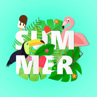 Çiçek orman ile kelime yaz kompozisyon toucan flamingo ve dondurma stil kesim trandy gazetede bırakır. Tropikal zanaat tasarım poster, afiş, el ilanı. Vektör kartı çizim