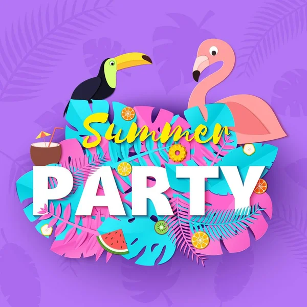 Palavra PARTY composição de verão com criativo rosa e azul selva folhas tucano flamingo frutas e coquetel no estilo de corte de papel. Design de artesanato tropical para o seu cartaz, banner, flyer. Cartão de vetor . — Vetor de Stock