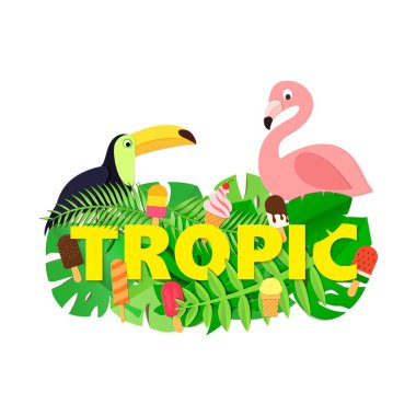 Orman ile Word Tropic kompozisyon dondurma toucan flamingo tarzı kesilmiş kağıt beyaz zemin üzerine bırakır. Sarı harfler tasarım poster, afiş, el ilanı için T-shirt baskı. Vektör kartı çizim.