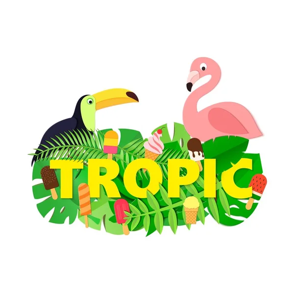 Orman ile Word Tropic kompozisyon dondurma toucan flamingo tarzı kesilmiş kağıt beyaz zemin üzerine bırakır. Sarı harfler tasarım poster, afiş, el ilanı için T-shirt baskı. Vektör kartı çizim.
