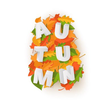 Yeşil sarı kırmızı ile Word sonbahar kompozisyon tarzı kesilmiş kağıt beyaz zemin üzerine bırakır. Güz el sanatları tasarım poster, afiş, el ilanı için 3d gerçekçi mektupları yaprak T-shirt baskı. Vektör çizim