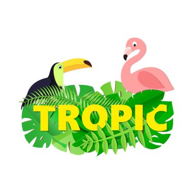 Orman ile Word Tropic kompozisyon toucan flamingo tarzı kesilmiş kağıt beyaz zemin üzerine bırakır. Sarı harfler tasarım poster, afiş, el ilanı için T-shirt baskı. Vektör kartı çizim