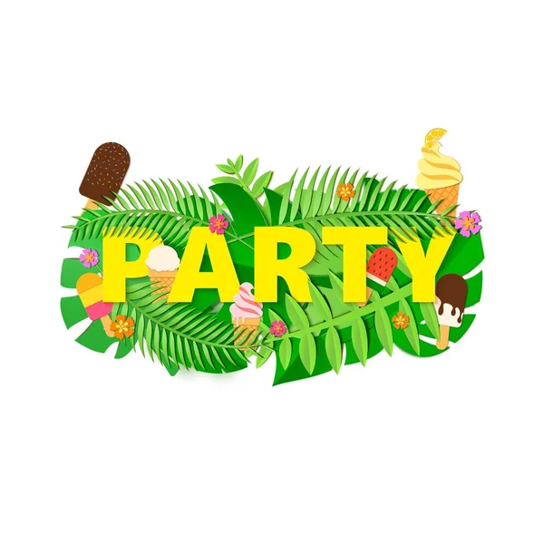 Word PARTY summer composition with creative green jungle leaves ice creams on white background in paper cut style. Tropical leaf letters for design poster, banner, flyer T-shirt printing. Vector card — Stock Vector