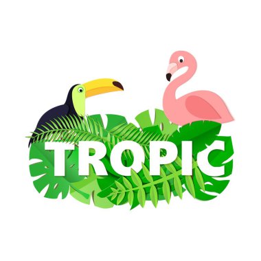 Orman ile Word Tropic kompozisyon toucan flamingo tarzı kesilmiş kağıt beyaz zemin üzerine bırakır. Beyaz harfler için tasarım poster, afiş, el ilanı T-shirt baskı. Vektör kartı çizim.