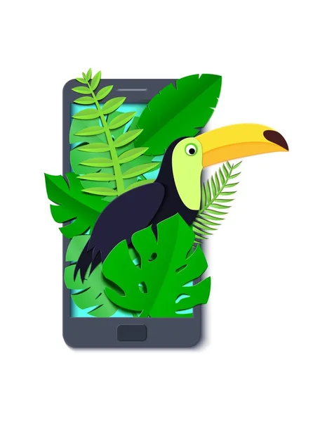 Tropical paradise paper background with leaves and exotic birds in mobile phone. Toucan look out over the thickets of the jungle from screen. Vector card illustration in paper art style. — Stock Vector