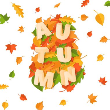 Yeşil sarı kırmızı ile Word sonbahar kompozisyon tarzı kesilmiş kağıt beyaz zemin üzerine bırakır. Tasarım poster, afiş, el ilanı T-shirt baskı, vektör kartı çizim için sonbahar yaprak 3d gerçekçi harfler