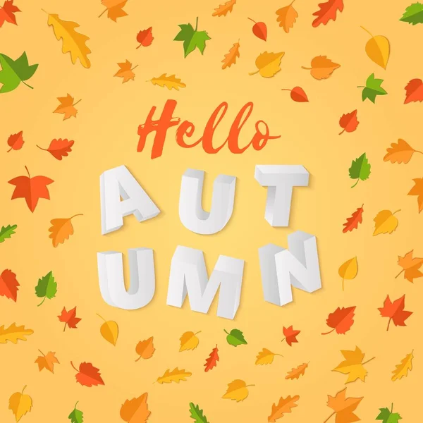 Palabra AUTUMN composición con hojas verdes amarillas rojas sobre fondo amarillo en estilo de corte de papel. Hoja de otoño 3d letras realistas para póster de diseño, pancarta, volante impresión camiseta. Ilustración de tarjeta vectorial — Vector de stock