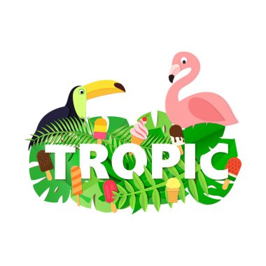 Orman ile Word Tropic kompozisyon dondurma toucan flamingo tarzı kesilmiş kağıt beyaz zemin üzerine bırakır. Beyaz harfler için tasarım poster, afiş, el ilanı T-shirt baskı. Vektör kartı çizim.