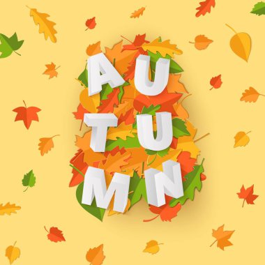 Yeşil sarı kırmızı ile Word sonbahar kompozisyon tarzı kesilmiş kağıt sarı zemin üzerine bırakır. Tasarım poster, afiş, el ilanı için yaprak 3d gerçekçi harfler düşmek T-shirt baskı. Vektör kartı çizim