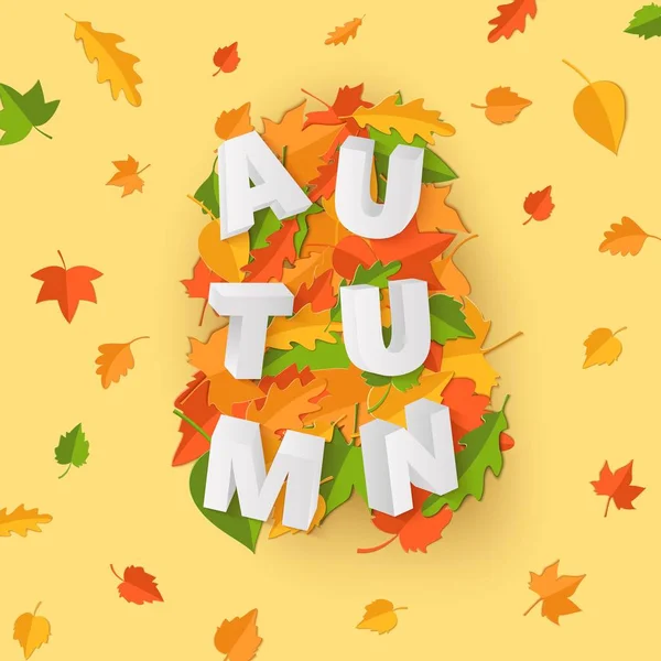 Yeşil sarı kırmızı ile Word sonbahar kompozisyon tarzı kesilmiş kağıt sarı zemin üzerine bırakır. Tasarım poster, afiş, el ilanı için yaprak 3d gerçekçi harfler düşmek T-shirt baskı. Vektör kartı çizim
