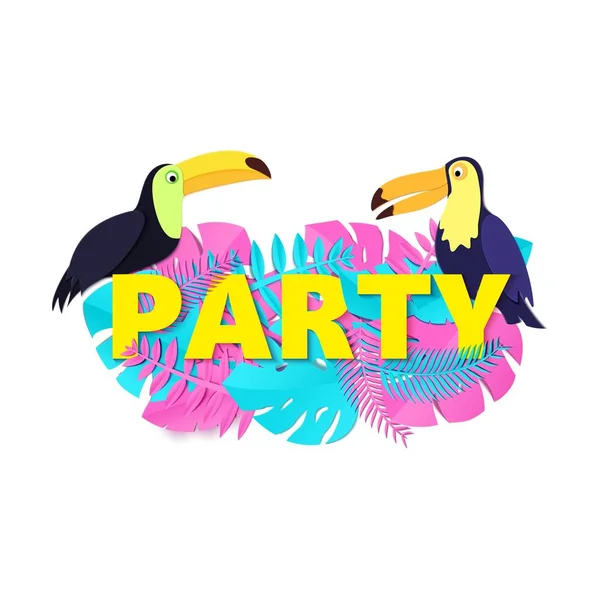 Word PARTY composición con hojas de color rosa azul tucanes fondo violeta en estilo de corte de papel. Tropical birds leaf yellow letters for design poster, banner flyer T-shirt printing Vector illustration card . — Vector de stock