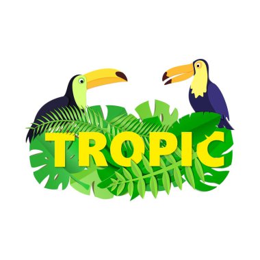 Orman ile Word Tropic kompozisyon tarzı kesilmiş kağıt beyaz arka plan üzerinde dondurma iki Tukanlar bırakır. Sarı harfler tasarım poster, afiş, el ilanı için T-shirt baskı. Vektör kartı çizim