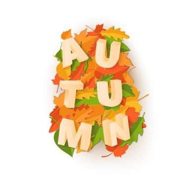 Yeşil sarı kırmızı ile Word sonbahar kompozisyon tarzı kesilmiş kağıt beyaz zemin üzerine bırakır. Güz el sanatları tasarım poster, afiş, el ilanı için 3d gerçekçi mektupları yaprak T-shirt baskı. Vektör çizim