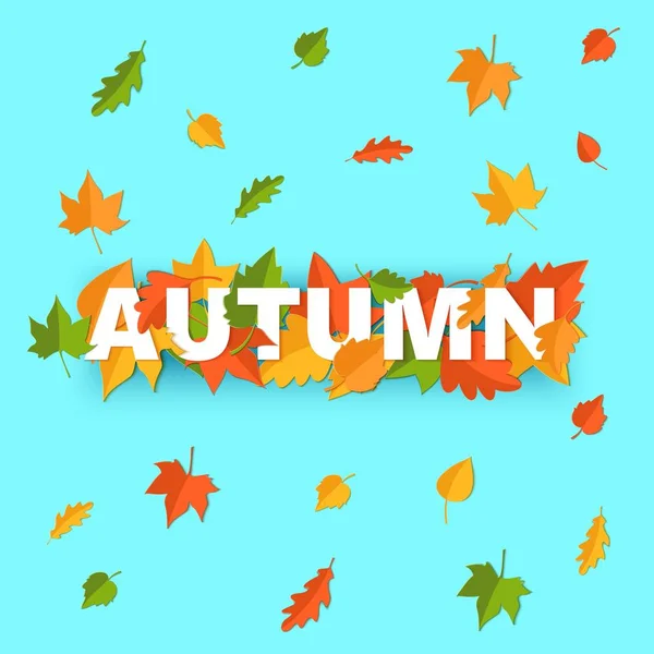 Word AUTUMN composition avec vert jaune feuilles rouges sur fond bleu dans le style de coupe de papier. Feuille d'automne réalistes lettres jaunes pour l'affiche de conception, bannière, flyer T-shirt impression. Illustration vectorielle — Image vectorielle