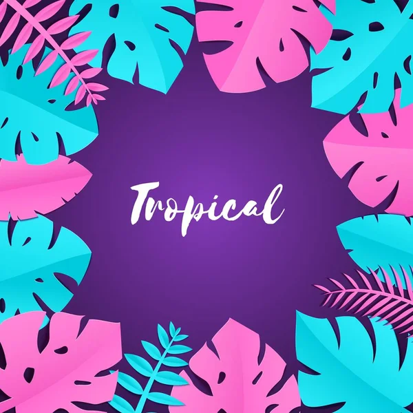 Komposition mit kreativen rosa blauen Dschungelblättern auf violettem Hintergrund im Scherenschnitt-Stil. Tropischer Blattrahmen, Vorlage für Designposter, Banner, Flyer T-Shirt-Druck, Vektorkartenillustration. — Stockvektor