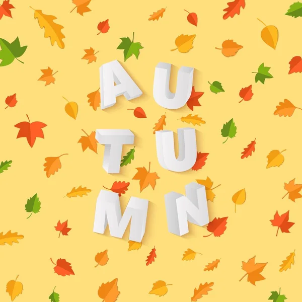 Palabra AUTUMN composición con hojas verdes amarillas rojas sobre fondo amarillo en estilo de corte de papel. Hoja de otoño 3d letras realistas para póster de diseño, pancarta, volante impresión camiseta. Ilustración de tarjeta vectorial — Vector de stock