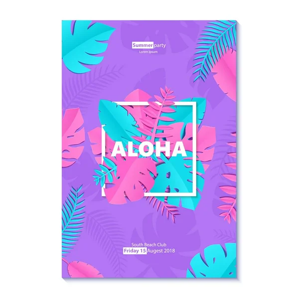 Composição ALOHA com criativo rosa azul selva folhas no fundo violeta no estilo de corte de papel. Quadro quadrado branco da folha tropical, molde para o cartaz do projeto, bandeira, impressão da T-shirt do folheto, vetor . — Vetor de Stock