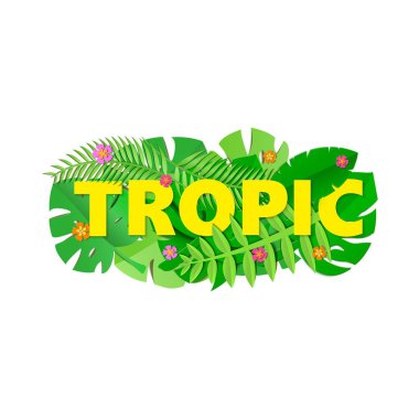Kesme çiçek Kağıt beyaz arka plan üzerinde stil ve yeşil orman ile Word Tropic kompozisyon bırakır. Tropikal zanaat yaprak sarı harfler tasarım poster, afiş, el ilanı için T-shirt baskı. Vektör kartı.