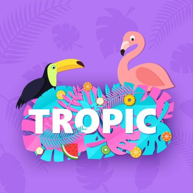 Yaratıcı pembe mavi orman ile Word Tropic kompozisyon kağıt stil kesim mor arka plan üzerinde meyve toucan flamingo bırakır. Beyaz harfler için afiş, el ilanı T-shirt baskı. Vektör çizim.