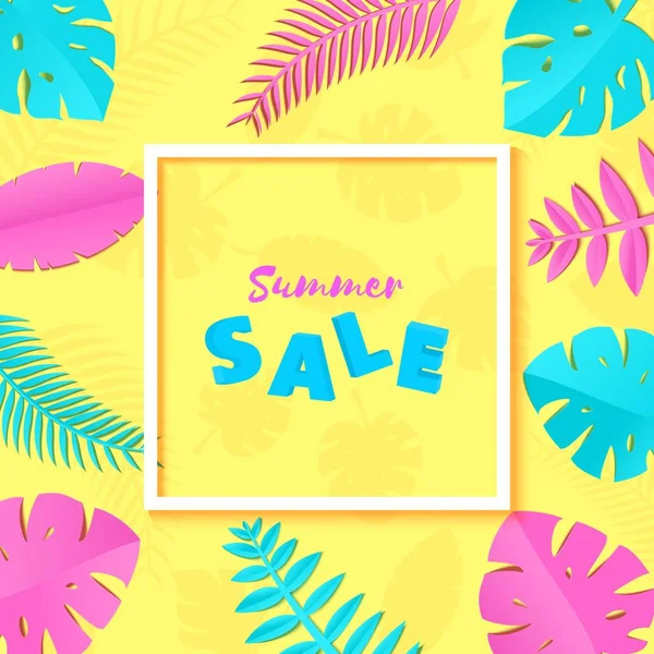 Summer Tropical leaves in trandy paper cut style. White square frame 3d letters SALE on exotic blue pink leaves on yellow sunny background for advertising. Rectangular lable. Vector card illustration. — Stock Vector