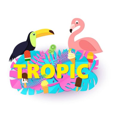 Word Tropic kompozisyon yaratıcı pembe mavi orman ile dondurma toucan flamingo tarzı kesilmiş kağıt beyaz zemin üzerine bırakır. Sarı harfler için afiş, el ilanı T-shirt baskı. Vektör çizim.