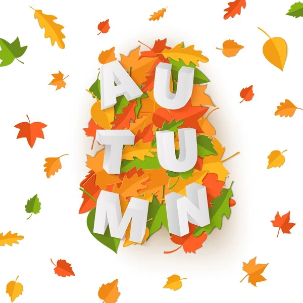 Palabra AUTUMN composición con verde amarillo hojas rojas sobre fondo blanco en estilo de corte de papel. Letras realistas 3d de la hoja de otoño para el póster de diseño, bandera, impresión de la camiseta del volante, ilustración de la tarjeta del vector — Vector de stock