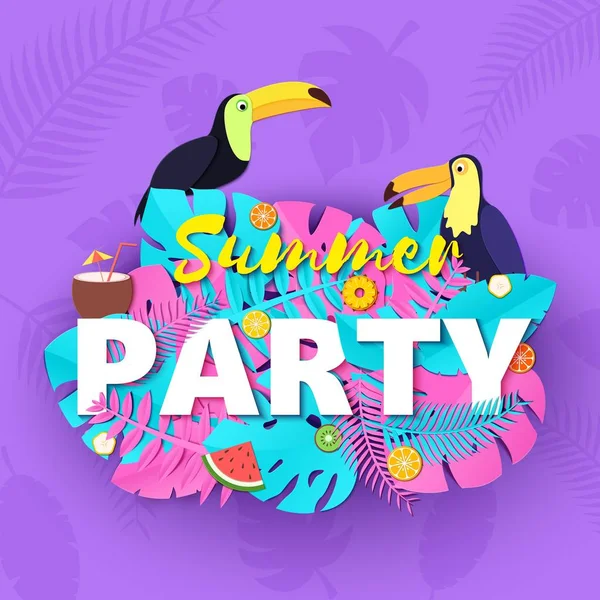 Wortparty Sommerkomposition mit kreativen rosa und blauen Dschungel Blätter zwei Tukane Früchte und Coctail in Papier geschnitten Stil. Tropisches Handwerk Design für Ihr Poster, Banner, Flyer T-Shirt-Druck, Vektor — Stockvektor