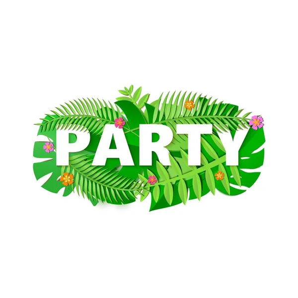 정글 단어 파티 구성 스타일을 잘라 종이에 흰색 바탕에 꽃을 잎. 열 대 잎 흰색 문자 디자인 포스터, 배너, 전단지 t-셔츠. 벡터 카드 일러스트 레이 션 — 스톡 벡터