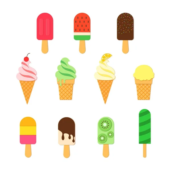 Set de Helados en estilo trandy paper cut. Colección de palillo de helado brillante sabroso y conos de verano sobre fondo blanco para el diseño del paquete ilustración de la tarjeta vectorial en estilo de arte de percusión — Vector de stock